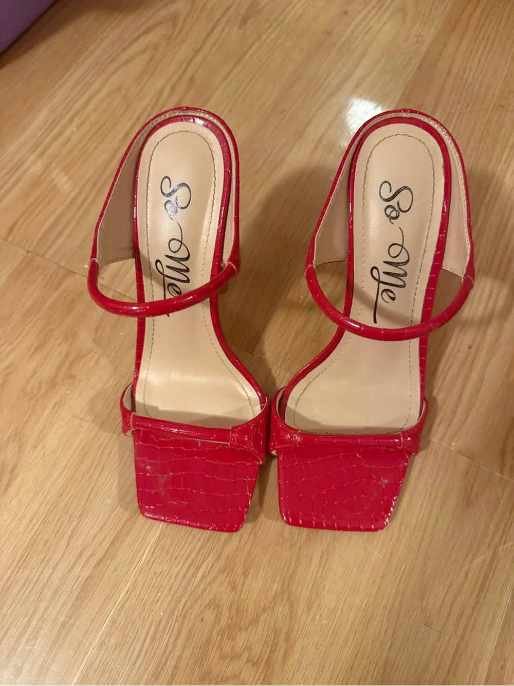 So Me Red Croc-Embossed Square-Toe Strap Heels